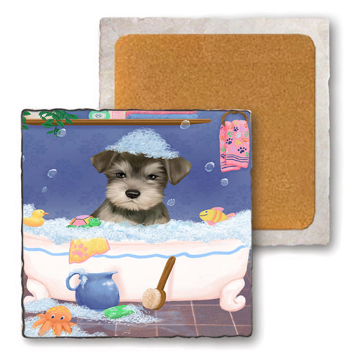 Rub A Dub Dog In A Tub Schnauzer Dog Set of 4 Natural Stone Marble Tile Coasters MCST52436