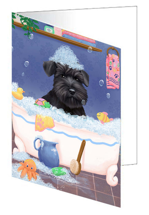 Rub A Dub Dog In A Tub Schnauzer Dog Handmade Artwork Assorted Pets Greeting Cards and Note Cards with Envelopes for All Occasions and Holiday Seasons GCD79625