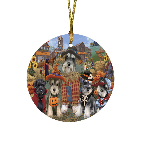 Halloween 'Round Town And Fall Pumpkin Scarecrow Both Schnauzer Dogs Round Flat Christmas Ornament RFPOR57603