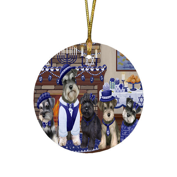 Happy Hanukkah Family and Happy Hanukkah Both Schnauzer Dogs Round Flat Christmas Ornament RFPOR57633