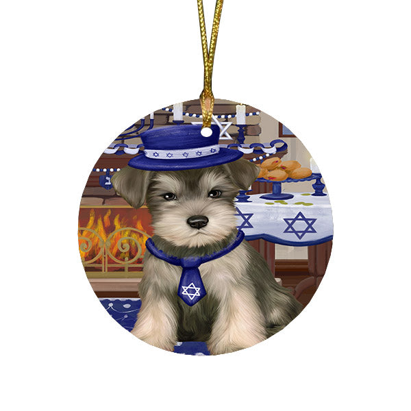Happy Hanukkah Family and Happy Hanukkah Both Schnauzer Dog Round Flat Christmas Ornament RFPOR57694