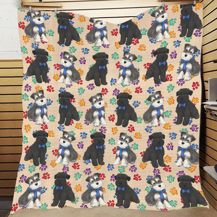 Rainbow Paw Print Schnauzer Dogs Blue Quilt