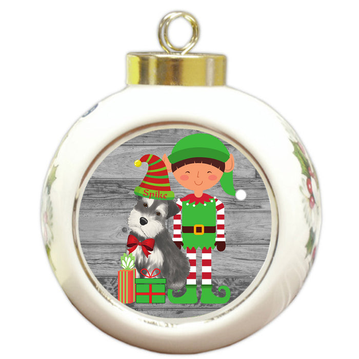 Custom Personalized Schnauzer Dog Elfie and Presents Christmas Round Ball Ornament