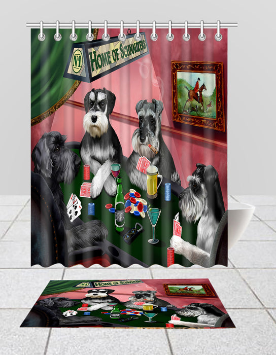 Home of  Schnauzer Dogs Playing Poker Bath Mat and Shower Curtain Combo