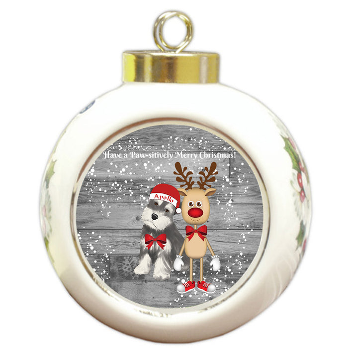 Custom Personalized Schnauzer Dog Reindeer and Pooch Christmas Round Ball Ornament