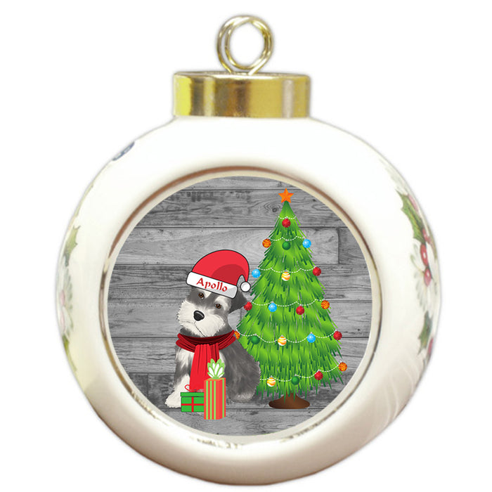 Custom Personalized Schnauzer Dog With Tree and Presents Christmas Round Ball Ornament