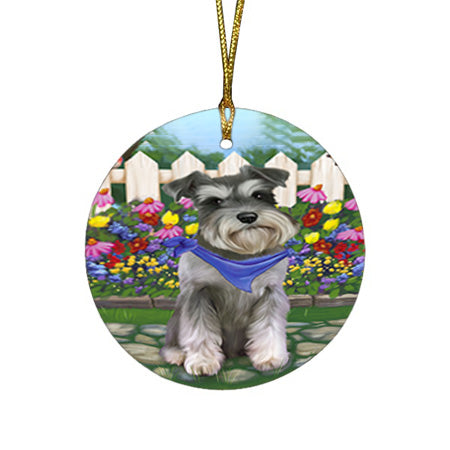 Spring Floral Schnauzer Dog Round Flat Christmas Ornament RFPOR52140