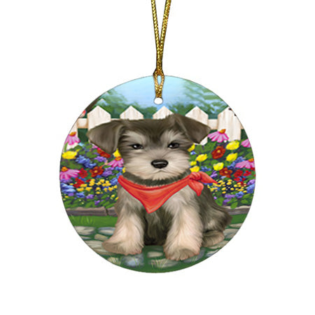 Spring Floral Schnauzer Dog Round Flat Christmas Ornament RFPOR52141