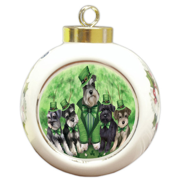 St. Patricks Day Irish Family Portrait Schnauzers Dog Round Ball Christmas Ornament RBPOR49380