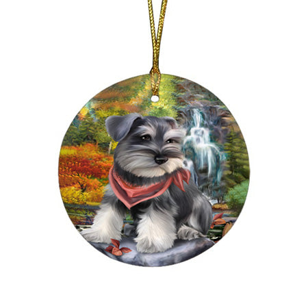 Scenic Waterfall Schnauzer Dog Round Flat Christmas Ornament RFPOR49521