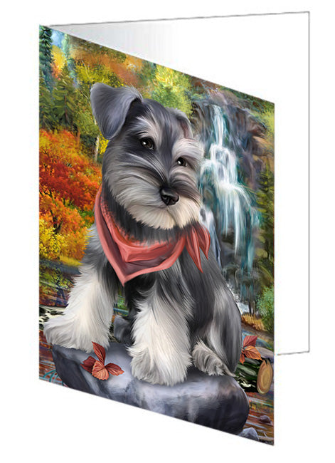 Scenic Waterfall Schnauzer Dog Handmade Artwork Assorted Pets Greeting Cards and Note Cards with Envelopes for All Occasions and Holiday Seasons GCD52517