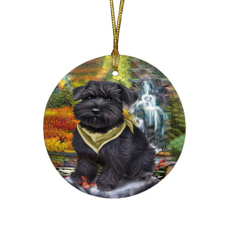Scenic Waterfall Schnauzer Dog Round Flat Christmas Ornament RFPOR49522