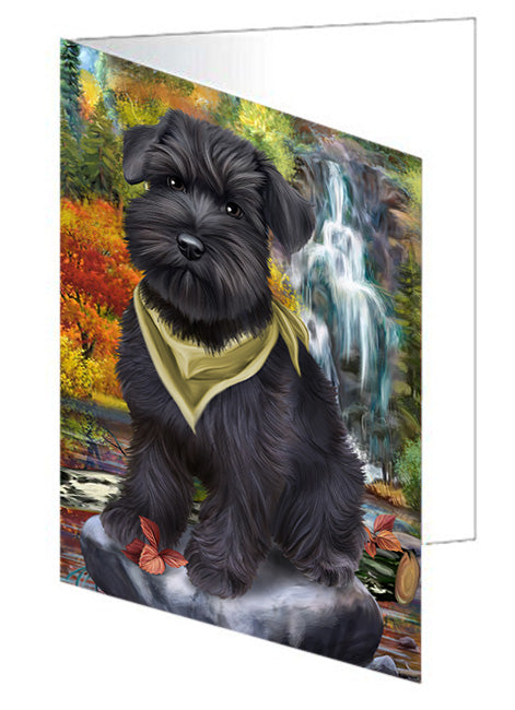 Scenic Waterfall Schnauzer Dog Handmade Artwork Assorted Pets Greeting Cards and Note Cards with Envelopes for All Occasions and Holiday Seasons GCD52520