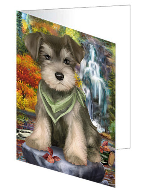 Scenic Waterfall Schnauzer Dog Handmade Artwork Assorted Pets Greeting Cards and Note Cards with Envelopes for All Occasions and Holiday Seasons GCD52523