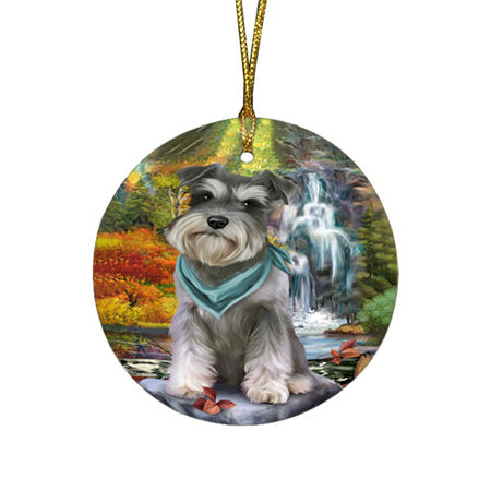 Scenic Waterfall Schnauzer Dog Round Flat Christmas Ornament RFPOR49524
