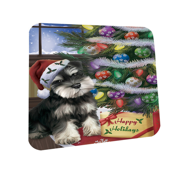 Christmas Happy Holidays Schnauzer Dog with Tree and Presents Coasters Set of 4 CST53811