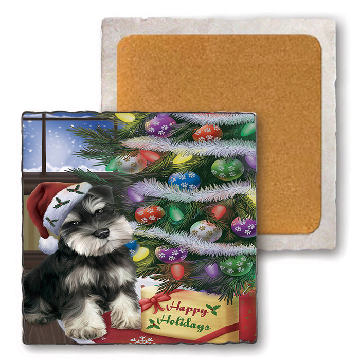 Christmas Happy Holidays Schnauzer Dog with Tree and Presents Set of 4 Natural Stone Marble Tile Coasters MCST48853