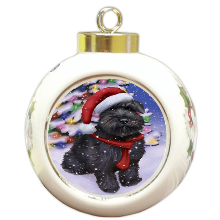 Winterland Wonderland Schnauzer Dog In Christmas Holiday Scenic Background  Round Ball Christmas Ornament RBPOR53414