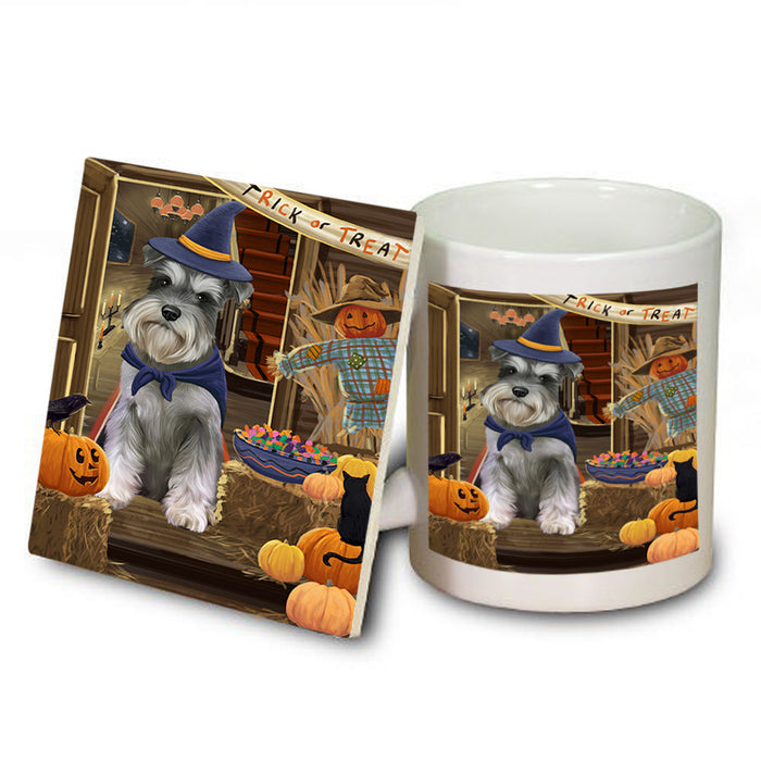 Enter at Own Risk Trick or Treat Halloween Schnauzer Dog Mug and Coaster Set MUC53256