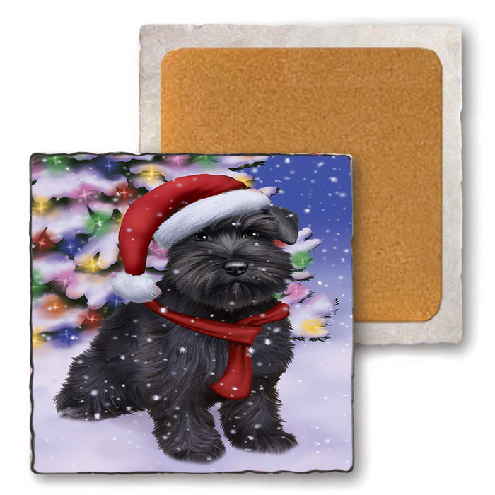 Winterland Wonderland Schnauzer Dog In Christmas Holiday Scenic Background  Set of 4 Natural Stone Marble Tile Coasters MCST48414