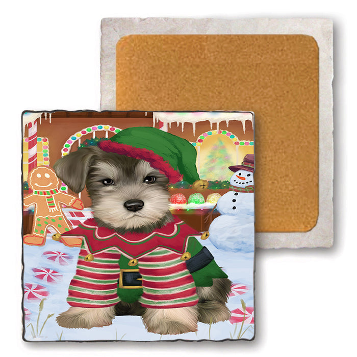 Christmas Gingerbread House Candyfest Schnauzer Dog Set of 4 Natural Stone Marble Tile Coasters MCST51532