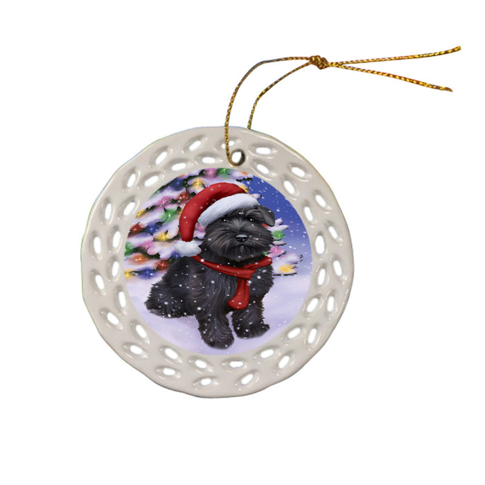 Winterland Wonderland Schnauzer Dog In Christmas Holiday Scenic Background  Ceramic Doily Ornament DPOR53414