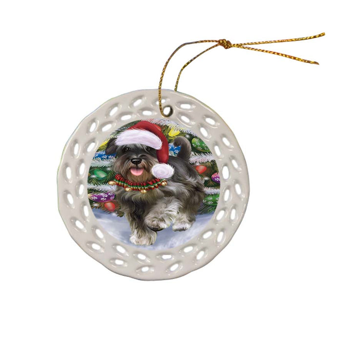Trotting in the Snow Schnauzer Dog Ceramic Doily Ornament DPOR55812