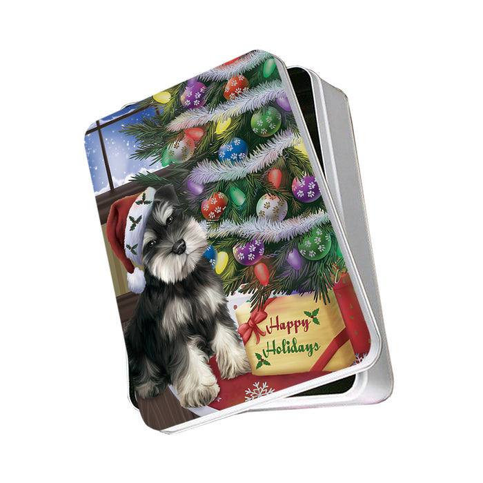 Christmas Happy Holidays Schnauzer Dog with Tree and Presents Photo Storage Tin PITN53796