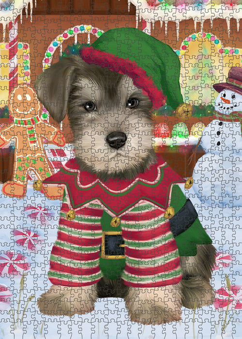 Christmas Gingerbread House Candyfest Schnauzer Dog Puzzle with Photo Tin PUZL94328
