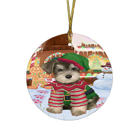 Christmas Gingerbread House Candyfest Schnauzer Dog Round Flat Christmas Ornament RFPOR56888