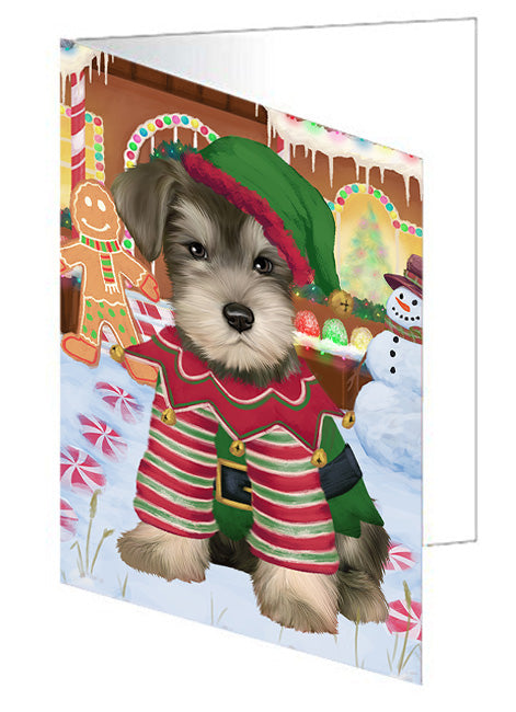 Christmas Gingerbread House Candyfest Schnauzer Dog Handmade Artwork Assorted Pets Greeting Cards and Note Cards with Envelopes for All Occasions and Holiday Seasons GCD74111