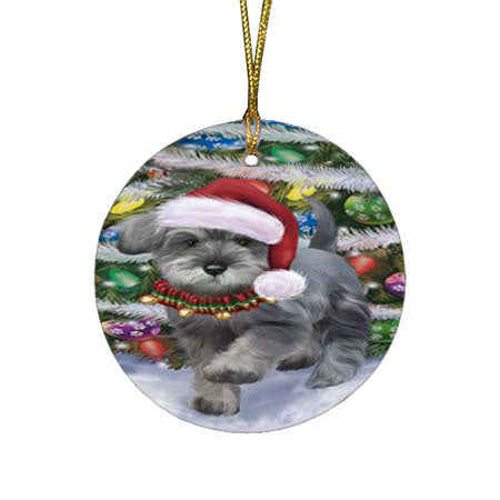Trotting in the Snow Schnauzer Dog Round Flat Christmas Ornament RFPOR55813