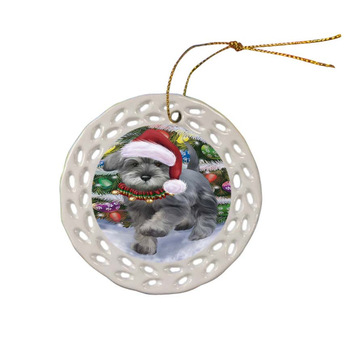 Trotting in the Snow Schnauzer Dog Ceramic Doily Ornament DPOR55813