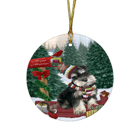 Merry Christmas Woodland Sled Schnauzer Dog Round Flat Christmas Ornament RFPOR55377