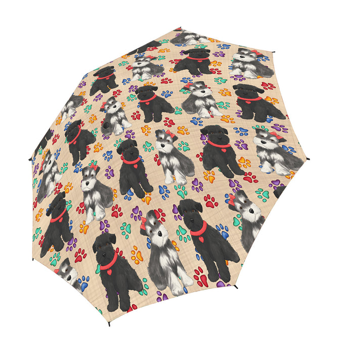 Rainbow Paw Print Schnauzer Dogs Red Semi-Automatic Foldable Umbrella