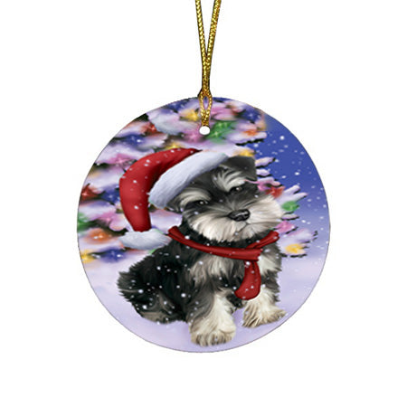 Winterland Wonderland Schnauzer Dog In Christmas Holiday Scenic Background  Round Flat Christmas Ornament RFPOR53406