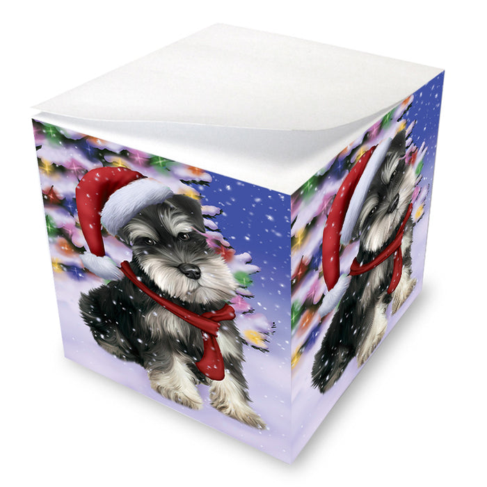 Winterland Wonderland Schnauzer Dog In Christmas Holiday Scenic Background Note Cube NOC53415