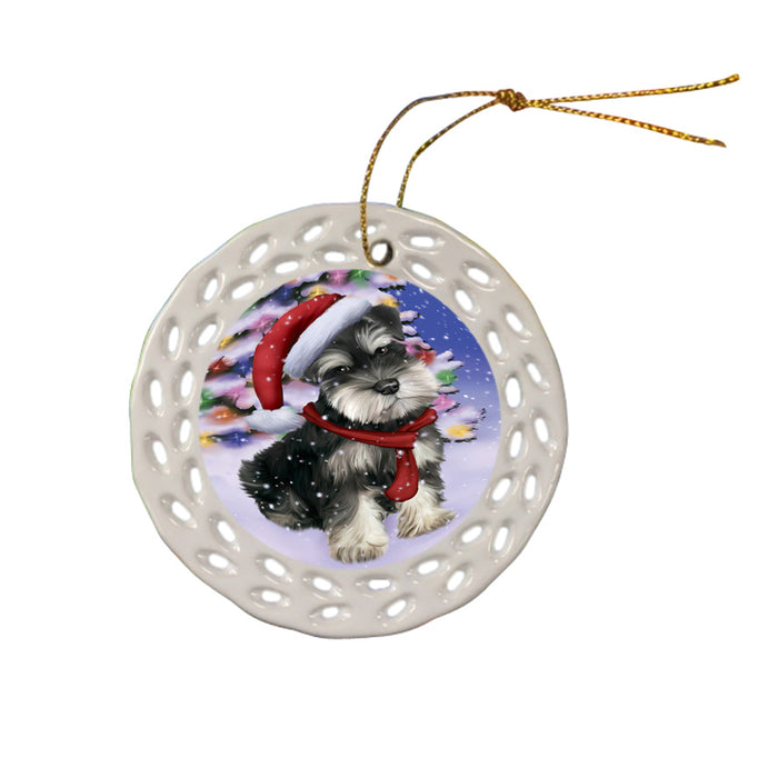 Winterland Wonderland Schnauzer Dog In Christmas Holiday Scenic Background  Ceramic Doily Ornament DPOR53415