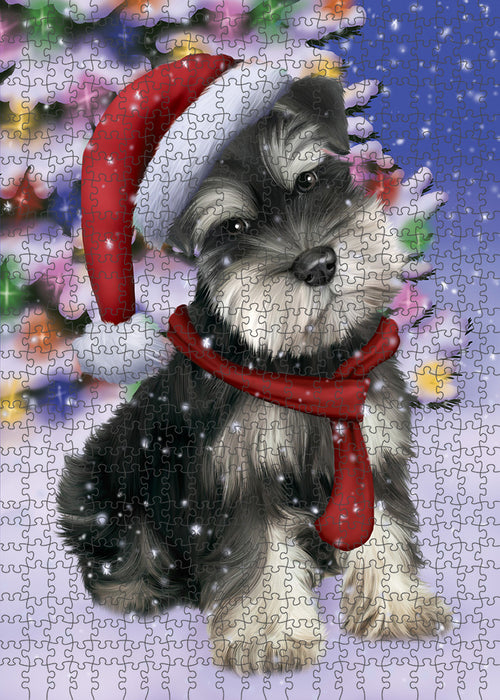 Winterland Wonderland Schnauzer Dog In Christmas Holiday Scenic Background Puzzle with Photo Tin PUZL80816