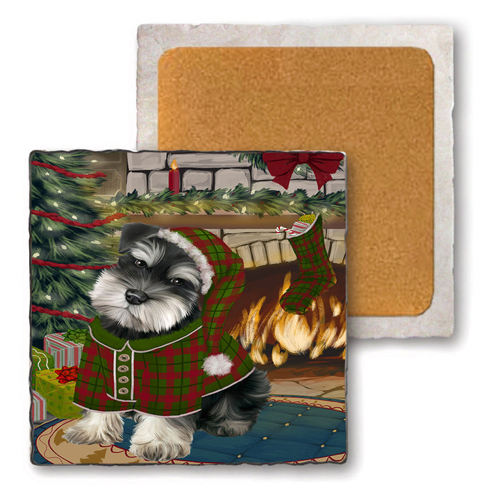 The Stocking was Hung Schnauzer Dog Set of 4 Natural Stone Marble Tile Coasters MCST50599
