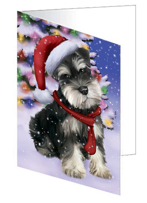 Winterland Wonderland Schnauzer Dog In Christmas Holiday Scenic Background  Handmade Artwork Assorted Pets Greeting Cards and Note Cards with Envelopes for All Occasions and Holiday Seasons GCD64274