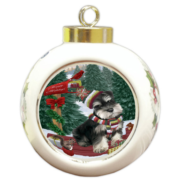 Merry Christmas Woodland Sled Schnauzer Dog Round Ball Christmas Ornament RBPOR55377