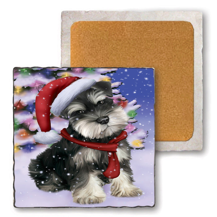 Winterland Wonderland Schnauzer Dog In Christmas Holiday Scenic Background  Set of 4 Natural Stone Marble Tile Coasters MCST48415