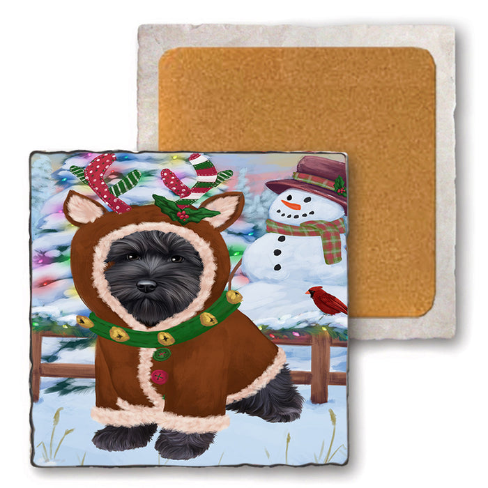 Christmas Gingerbread House Candyfest Schnauzer Dog Set of 4 Natural Stone Marble Tile Coasters MCST51533