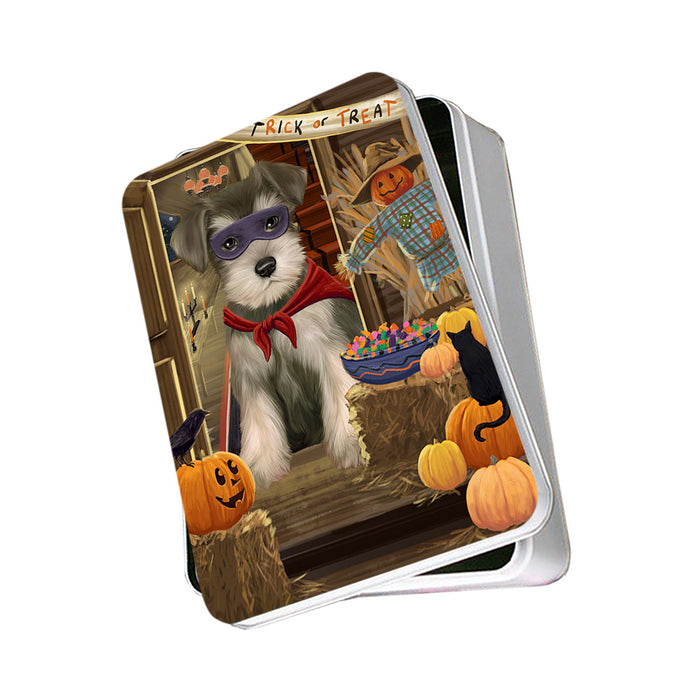 Enter at Own Risk Trick or Treat Halloween Schnauzer Dog Photo Storage Tin PITN53265