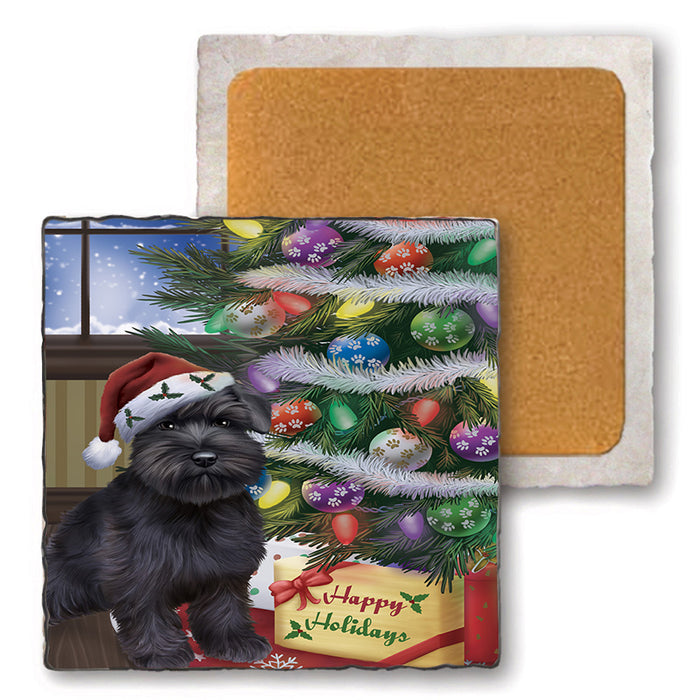 Christmas Happy Holidays Schnauzer Dog with Tree and Presents Set of 4 Natural Stone Marble Tile Coasters MCST48854