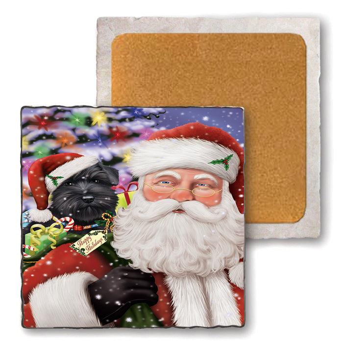 Santa Carrying Schnauzer Dog and Christmas Presents Set of 4 Natural Stone Marble Tile Coasters MCST49012