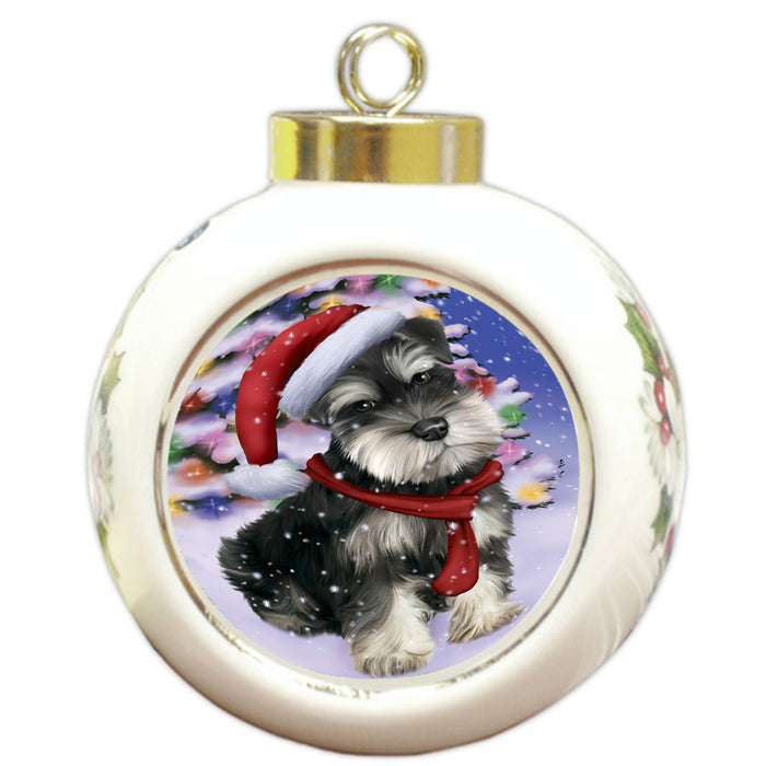 Winterland Wonderland Schnauzer Dog In Christmas Holiday Scenic Background  Round Ball Christmas Ornament RBPOR53415
