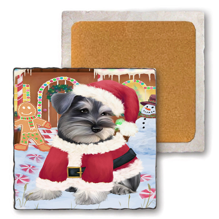 Christmas Gingerbread House Candyfest Schnauzer Dog Set of 4 Natural Stone Marble Tile Coasters MCST51534