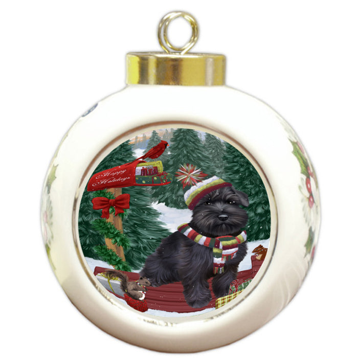 Merry Christmas Woodland Sled Schnauzer Dog Round Ball Christmas Ornament RBPOR55378